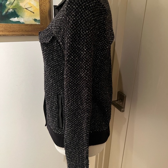 Rag & Bone button up black and white knit jacket with leather collar and cuffs - Picture 5 of 13